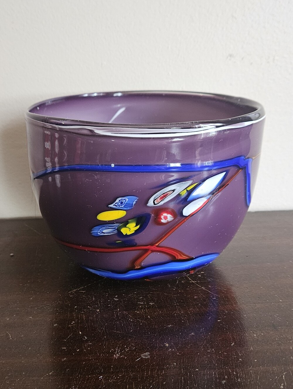 Vintage Studio Art Glass Bowl Hand Blown Murrini Cane Blue Trail 6.25"